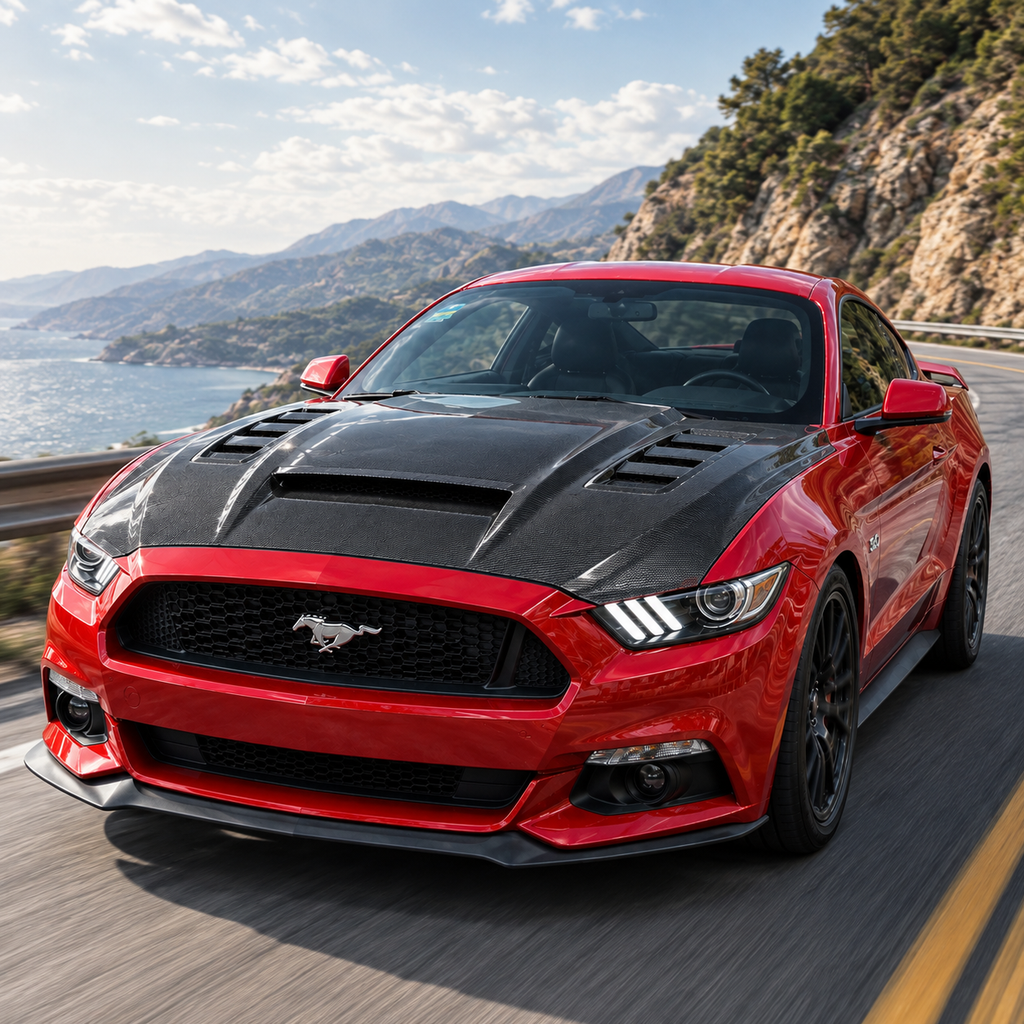 2015–2017 Ford Mustang 2-Door Terminator Style Double-Sided Carbon Fiber Hood